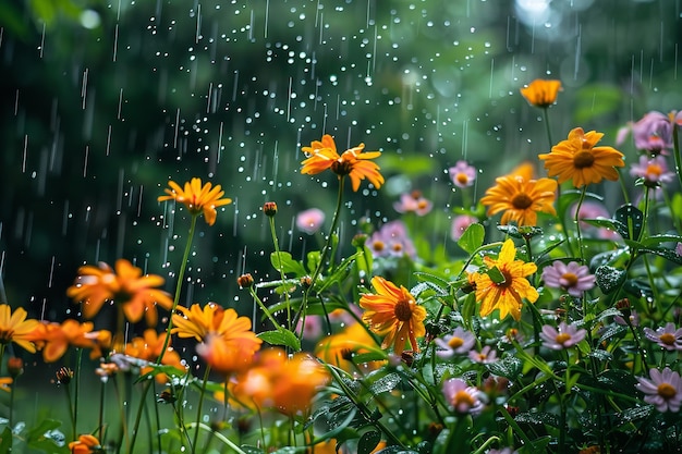 Retrato de belas flores e plantas estão se molhando na chuva no jardim exterior na chuva com um grande pano de fundo desfocado para texto IA geradora