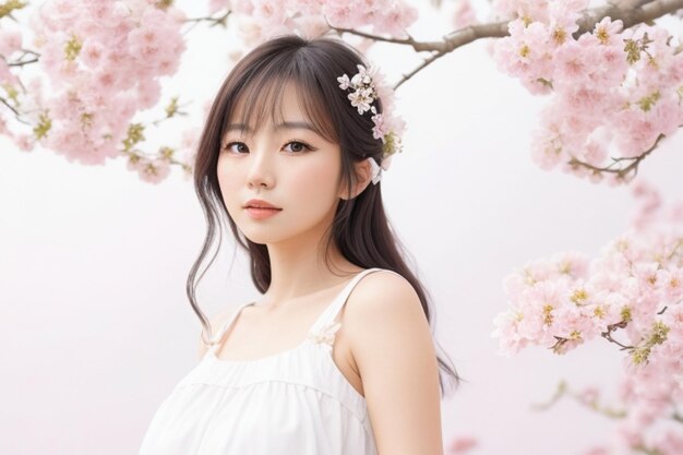 Retrato de belas mulheres japonesas vestindo vestidos brancos com fundo de flores