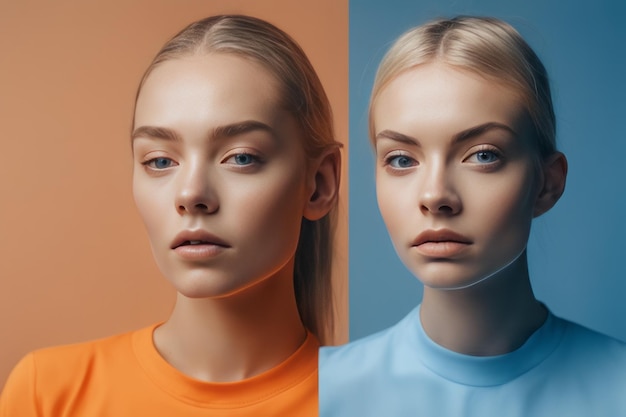 retrato de belas mulheres jovens com maquiagem azul e laranja estúdio shotretrato de você bonito