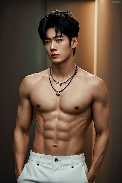 Retrato de beleza de modelo masculino asiático bonito sem camisa sorrindo em fundo cinza isolado para homens