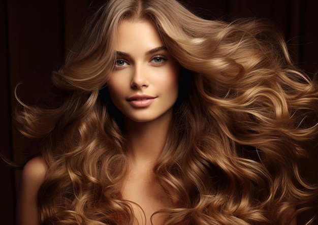 Retrato de beleza de mulher com cabelos ondulados lustrosos castanhos em fundo escuroAI Generative