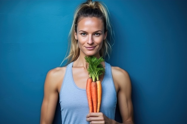 Retrato de beleza de mulher sorridente segurando cenouras nas mãos conceito de comida saudável