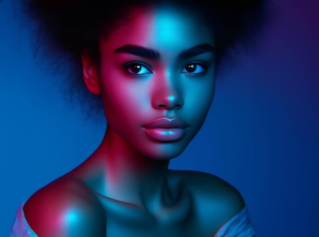 Retrato de beleza de uma garota de moda com filtros de iluminação de cores Retrato da beleza de um rosto de garota em close-up Africano