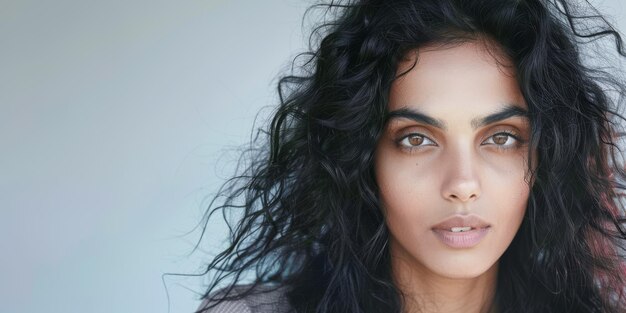 Retrato de beleza de uma jovem indiana com cabelos encaracolados isolado de um fundo branco de copyspace