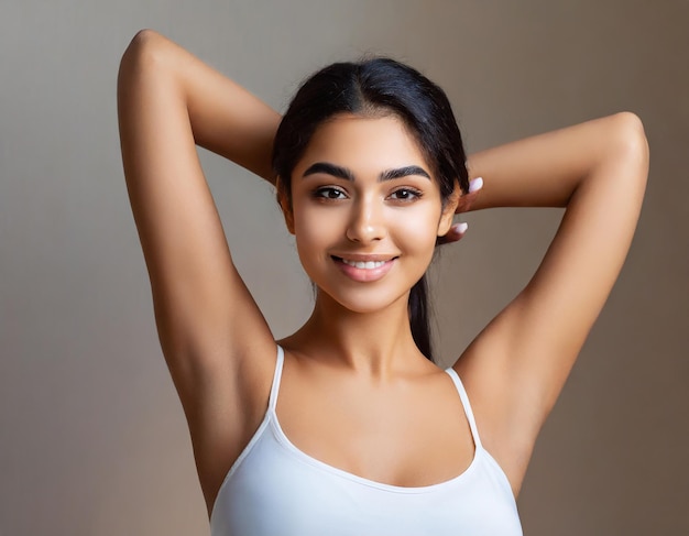 Foto retrato de beleza depilação de axila depilação lacer de cabelo mulher jovem mostrando axilas limpas