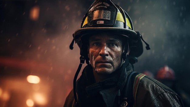 Retrato de bombeiro de pé na estação de bombeiros Bombeiro vestindo uniforme e capacete