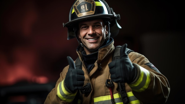 Retrato de bombeiro em serviço com o polegar para cima