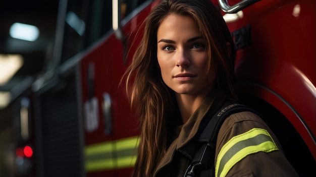 Retrato de bombeiro em serviço Foto de bombeira perto do carro de bombeiros