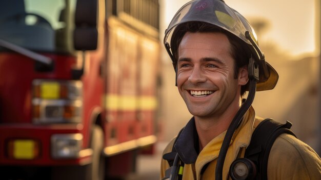 Retrato de bombeiro em serviço Foto de bombeiro feliz perto do carro de bombeiros