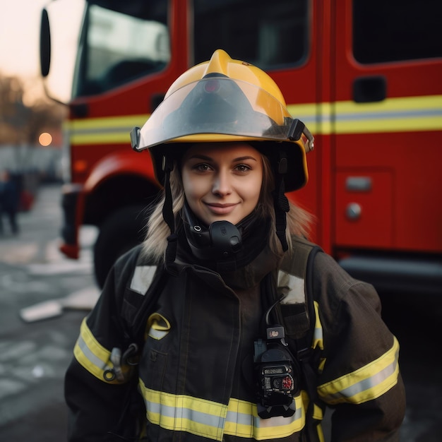 Retrato de bombeiro em serviço foto de mulher de fogo feliz