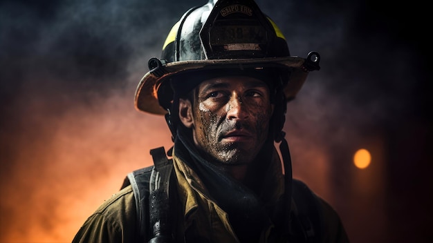 Retrato de bombeiro em uniforme e capacete Bombeiro em ação