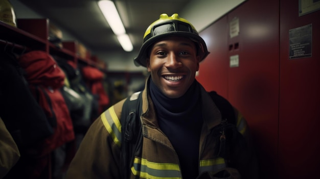 Retrato de bombeiro negro em pé no conceito de segurança de busca e resgate de vestiários