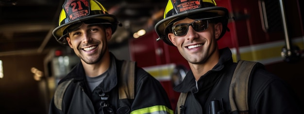 Retrato de bombeiros em serviço Foto da equipe de bombeiros perto do carro de bombeiros