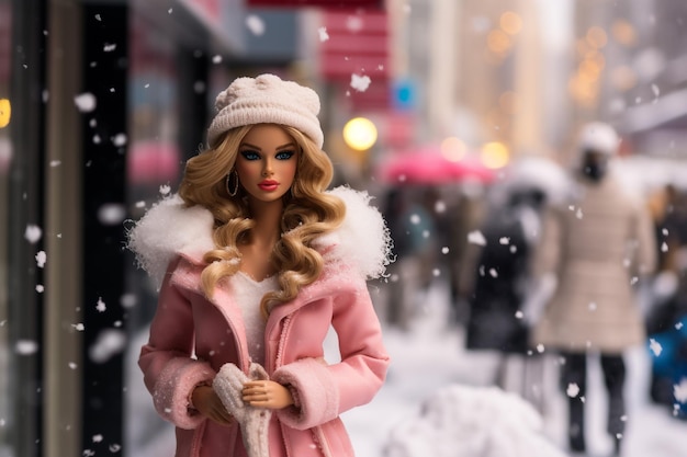 Retrato de bonecas Barbie usando minissaia e casaco de inverno em pé na rua