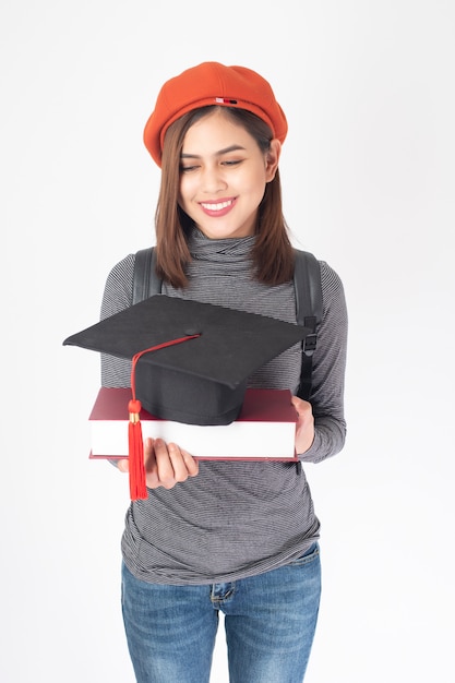 Retrato, de, bonito, universidade, mulher, branco, fundo