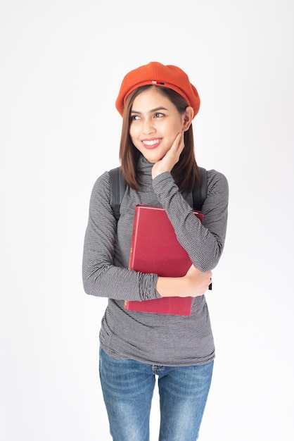 Retrato, de, bonito, universidade, mulher, branco, fundo