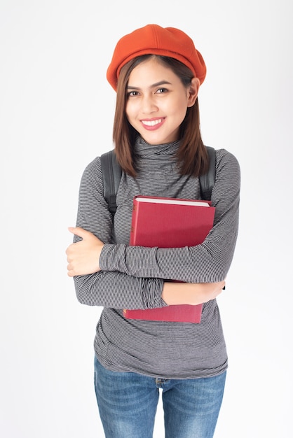 Retrato, de, bonito, universidade, mulher, branco, fundo