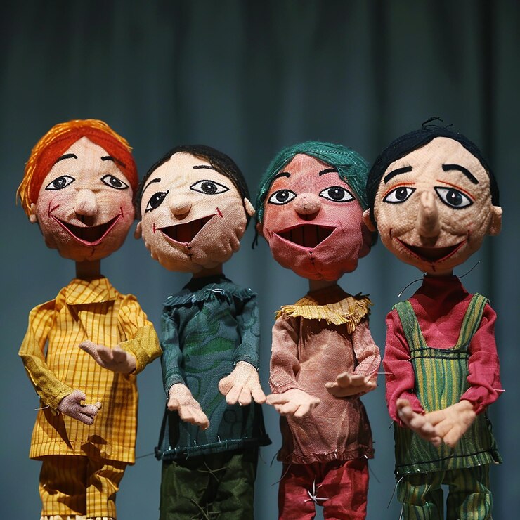 Foto retrato de brincadeiras de teatro de fantoches crianças entretendo-se com brincadeiros brincalhões