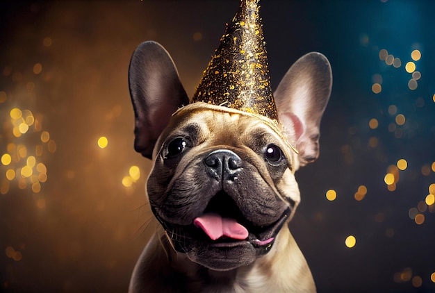 Retrato de Bulldog francês fofo e feliz na festa de comemoração com bokeh light e confete no fundo escuro Generative AI