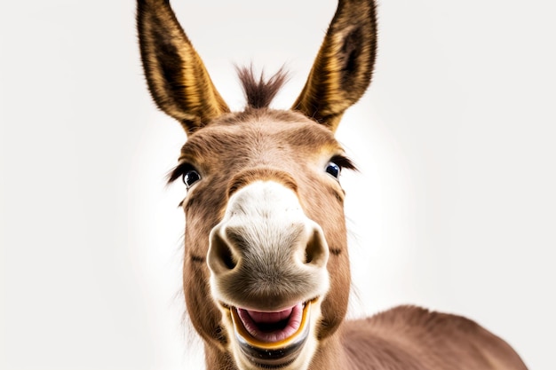 Foto retrato de burro sorrindo com todos os dentes em uma ilustração de ai generativa de fundo branco