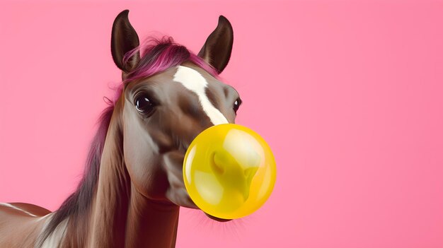 retrato de cabeça de cavalo soprando goma de mascar em fundo rosa