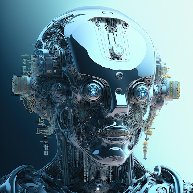 Retrato de cabeça de inteligência artificial com design futurista de ciborgue robótico de peças intrincadas Generative Ai