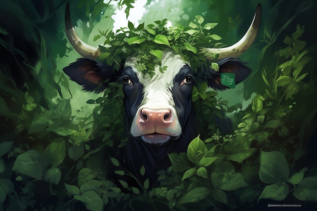 Retrato de cabeça de vaca com folhas verdes