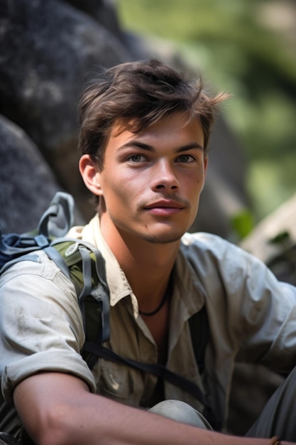 Retrato de cabeça e ombros de um jovem alpinista masculino sentado no topo de uma formação rochosa