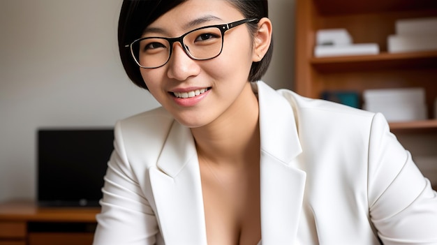Retrato de cabelo curto asiático confiante usando óculos mulher de terno no escritório arte generativa por AI