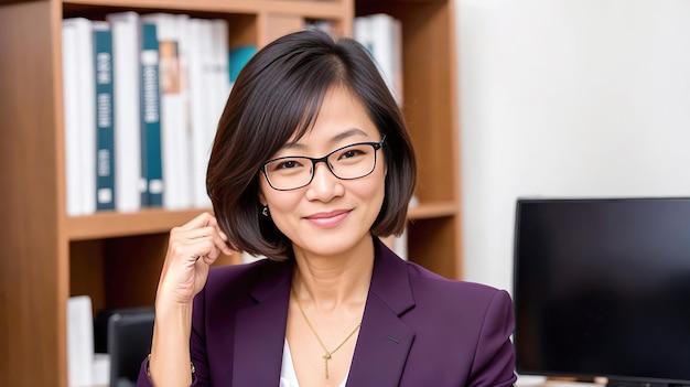 Retrato de cabelo curto asiático confiante usando óculos mulher de terno no escritório arte generativa por AI