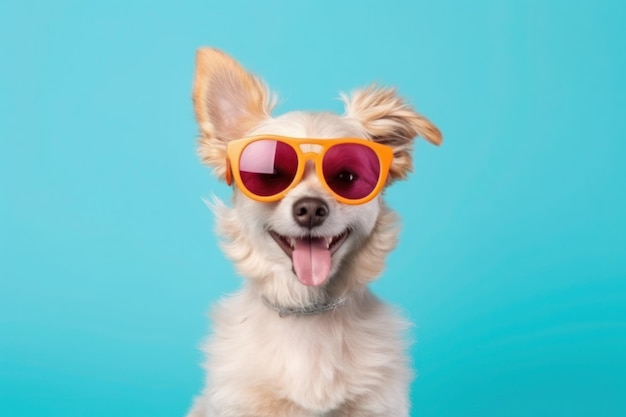 Retrato de cachorrinho feliz usando óculos escuros e camisa isolada no fundo do estúdio gradiente verde