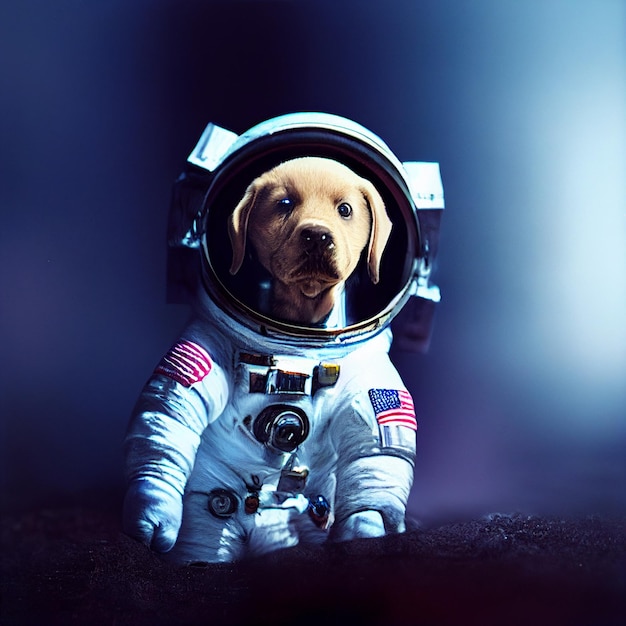 Retrato de cachorro astronauta com ilustração de renderização 3d uniforme de traje espacial