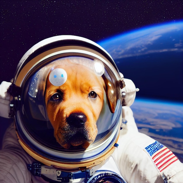 Retrato de cachorro astronauta com ilustração de renderização 3d uniforme de traje espacial