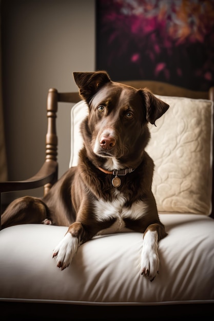 Retrato de cachorro bonito branco e marrom na poltrona criado usando tecnologia generativa ai