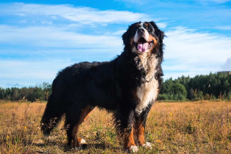 Foto retrato de cachorro da montanha bernese parado no campo amarelo e olhando para longe