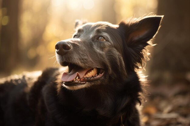 Retrato de cachorro feliz com a língua para fora relaxando no raio de sol criado com ai generativa