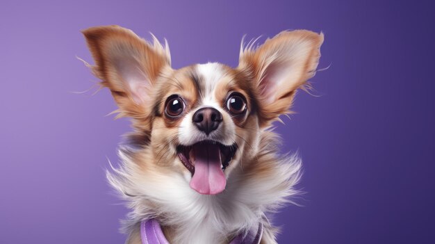 Retrato de cachorro feliz ou animado olhando e posando em fundo roxo plano