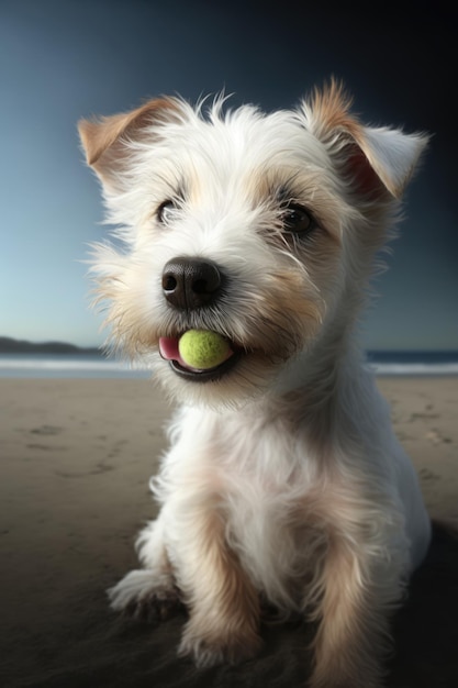 Retrato de cachorro fofo branco com bola na boca na praia criado usando tecnologia generativa ai