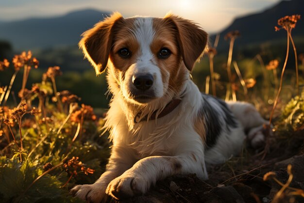 Retrato de cachorro marrom da sinfonia digital do pôr do sol