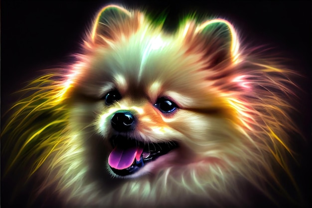 Retrato de cachorro Pomeranian bonito contra fundo escuro feito com Generative AI