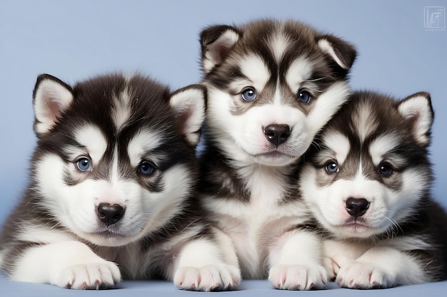 Retrato de cachorros de malamute do Alasca de um mês de idade em close-up em estúdio