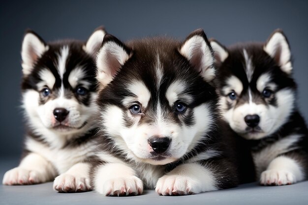 Retrato de cachorros de malamute do Alasca de um mês de idade em close-up em estúdio