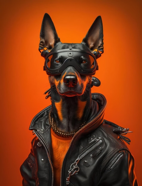 Retrato de cachorros maus vestindo jaqueta em fundo laranja Criado Generative AI