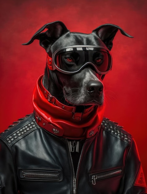 Retrato de cachorros maus vestindo jaqueta em fundo vermelho Criado Generative AI