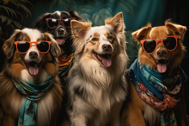 retrato de cães com óculos de sol Animais engraçados em grupo juntos olhando para a câmera vestindo roupas se divertindo juntos tirando uma selfie Um momento inusitado cheio de diversão e consciência fashion