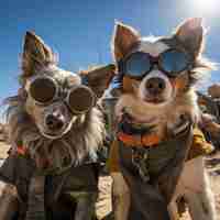 Foto retrato de cães com óculos de sol animais engraçados em grupo juntos olhando para a câmera vestindo roupas se divertindo juntos tirando uma selfie um momento inusitado cheio de diversão e consciência fashion