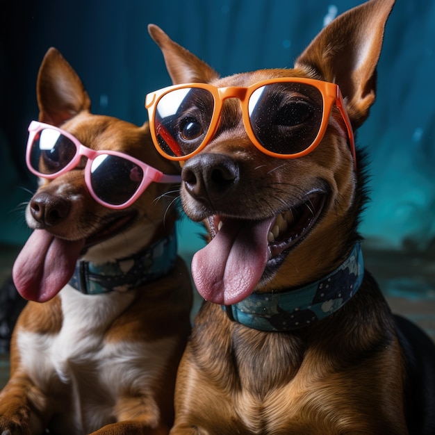 Foto retrato de cães com óculos de sol animais engraçados em grupo juntos olhando para a câmera vestindo roupas se divertindo juntos tirando uma selfie um momento inusitado cheio de diversão e consciência fashion