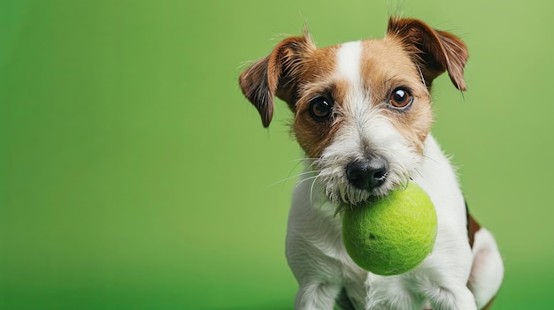 retrato de cão bonito com bola de tênis na boca contra fundo verde espaço de cópia