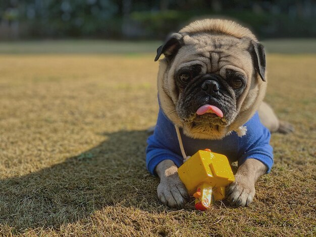 Foto retrato de cão com brinquedo no campo