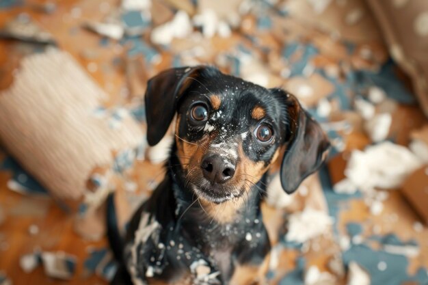 retrato de cão contra o pano de fundo de uma bagunça em casa